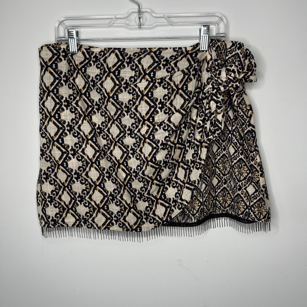 Zara Skirt Womens XL Tan‎ Black Faux Wrap Tie Beaded Fringe Boho Festival Artsy